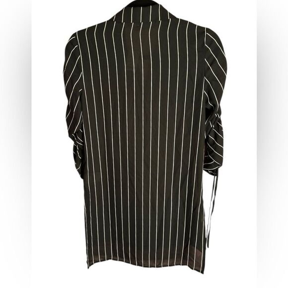 Bar II Women's Pinstripe Button Up Tunic. Ruched tie sleeves, High- to Tunic. - Picture 5 of 6